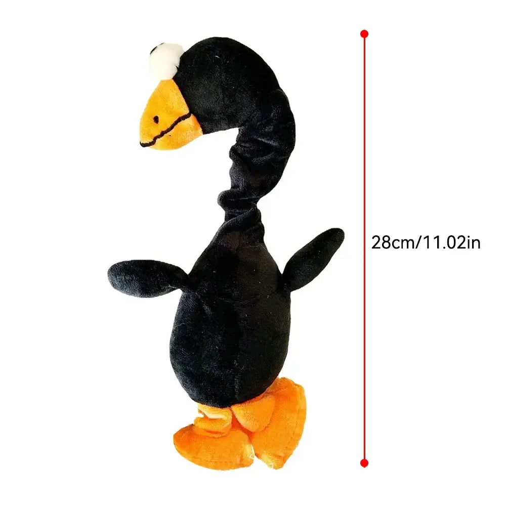 Plush toy penguin with a curved neck and orange feet.