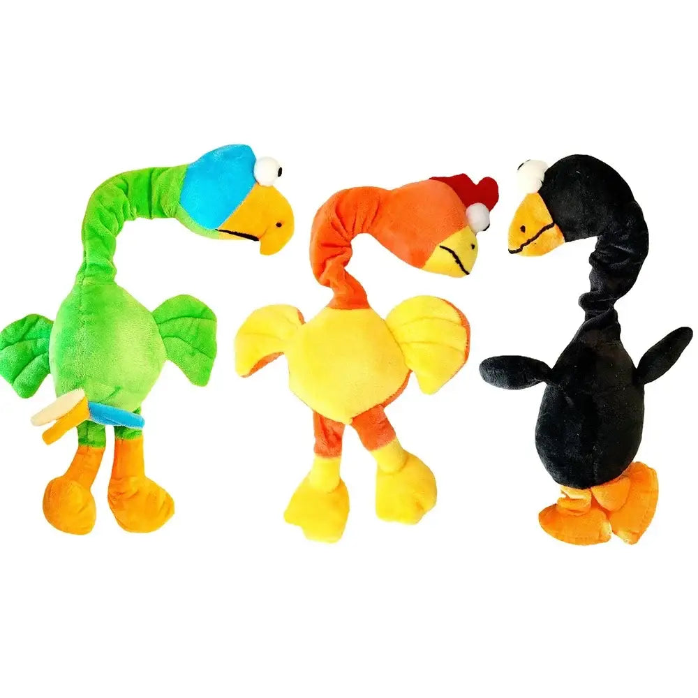 Three colorful plush bird toys with long necks and round bodies.