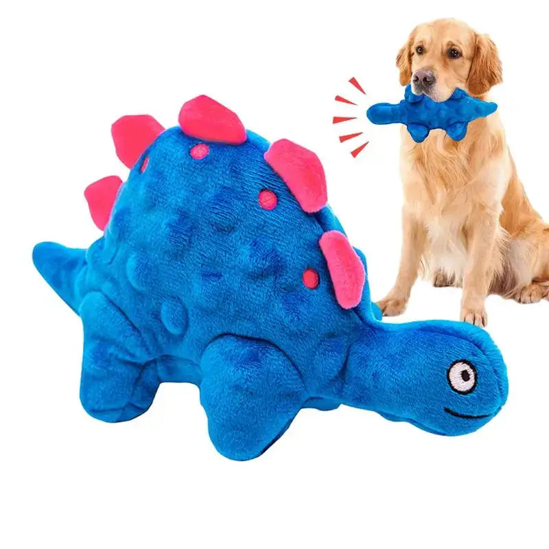 Blue plush dinosaur toy with pink spikes and a cartoonish design.