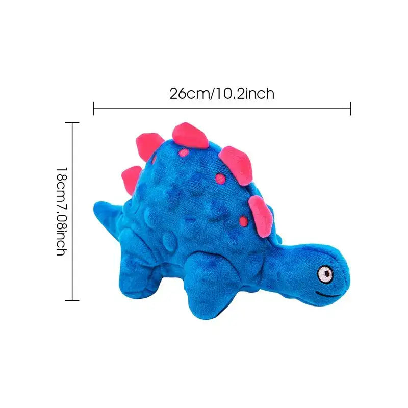 Blue plush dinosaur toy with pink spikes and a friendly face.