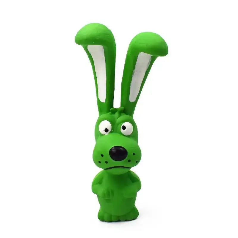 Bright green cartoon rabbit figurine with long upright ears and a surprised expression.