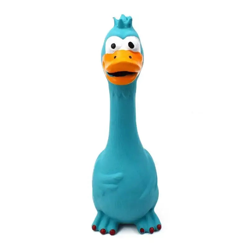 Cartoon-style blue rubber duck toy with an elongated neck and orange beak.