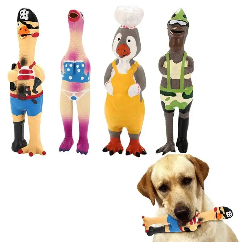 Collection of colorful rubber dog toys shaped like cartoon characters, with a real Labrador retriever holding one of the toys in its mouth.