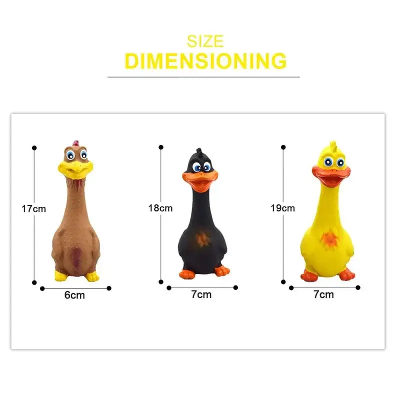 Three cartoon-style rubber duck toys with different colors and shapes.