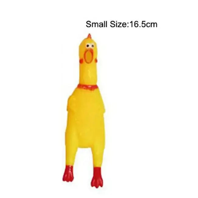 Yellow rubber chicken toy with red feet and a red collar.