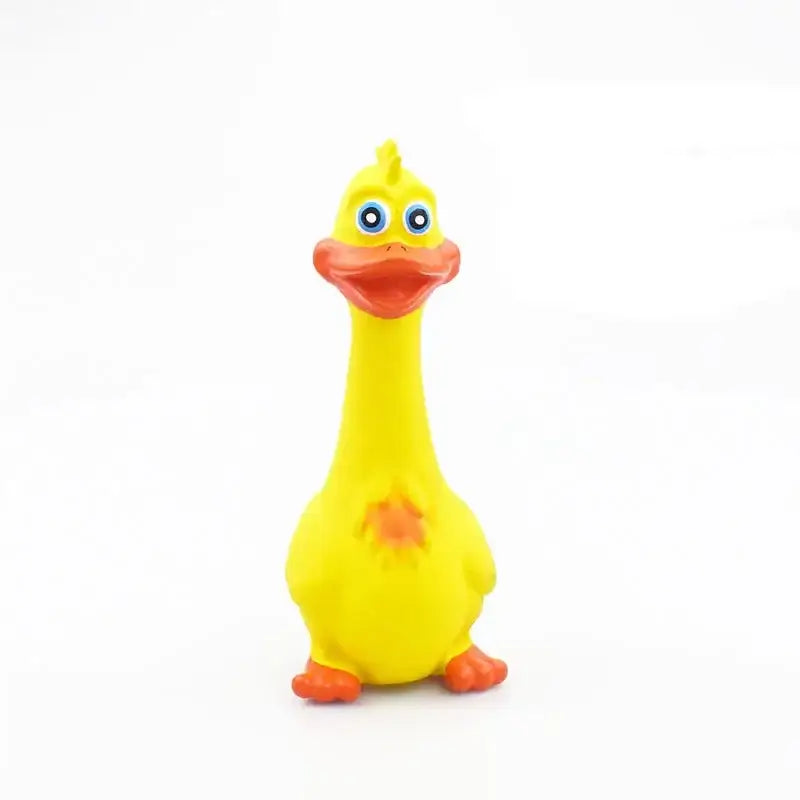 Yellow rubber duck toy with a long neck and orange beak.