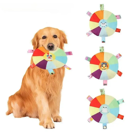 Golden Retriever wearing a colorful circular collar with various animal faces.