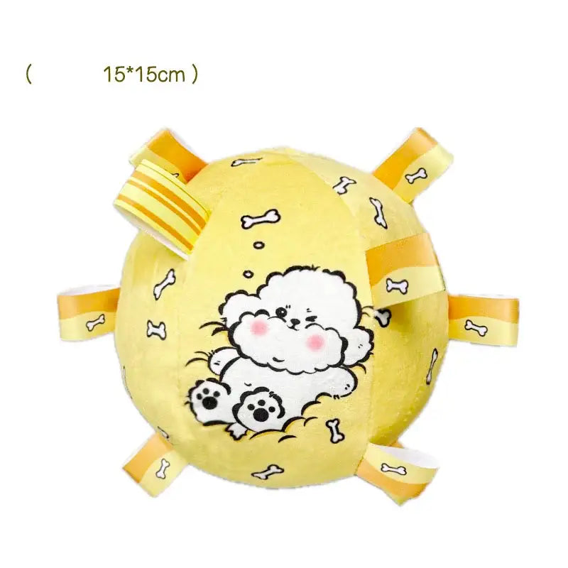 Yellow circular plush toy featuring a cute cartoon dog design and fabric tags around the edges.