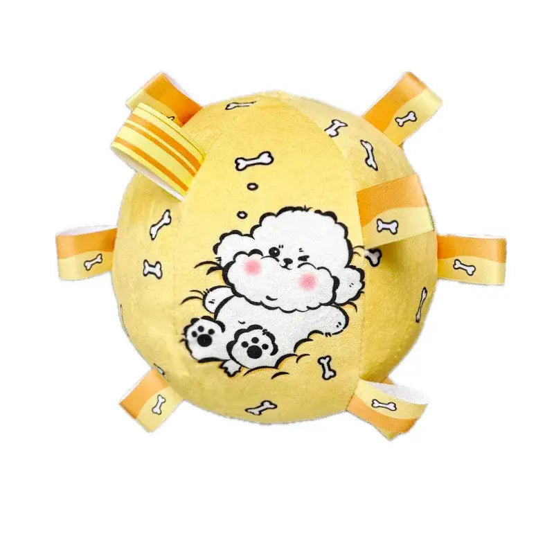 Yellow plush ball toy featuring a cute cartoon dog design and bone patterns.