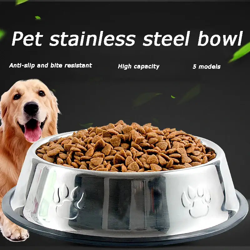 Stainless steel pet bowl filled with dry dog food, featuring paw print designs on the sides.