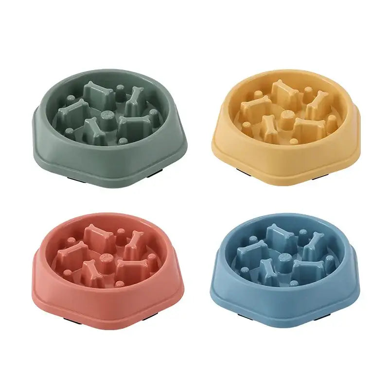 Colorful pet food bowls with raised interior patterns to slow eating.