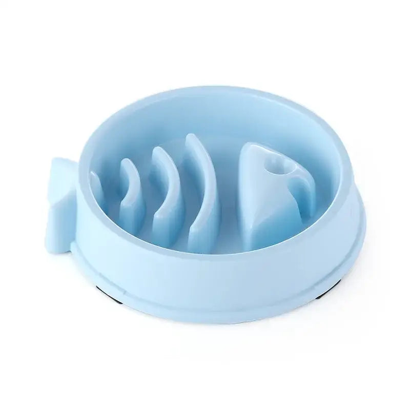 Light blue plastic pet food bowl with raised sections to slow eating.