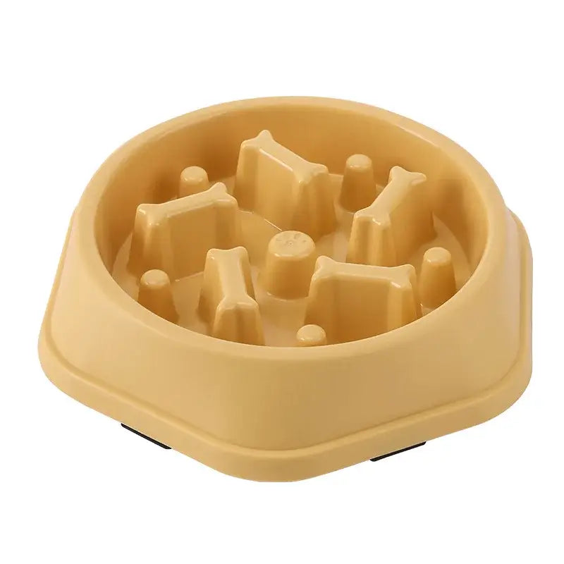 Plastic pet food bowl with raised obstacles inside to slow eating.