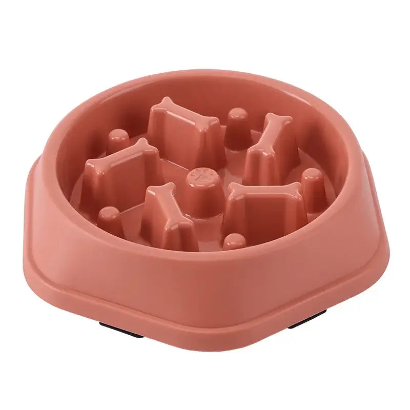 Terracotta-colored pet food bowl with raised obstacles inside to slow eating.