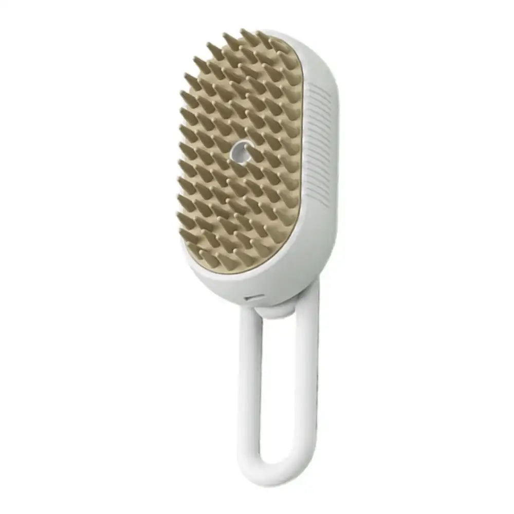 Handheld pet grooming brush with bristles on an oval head and a white handle.