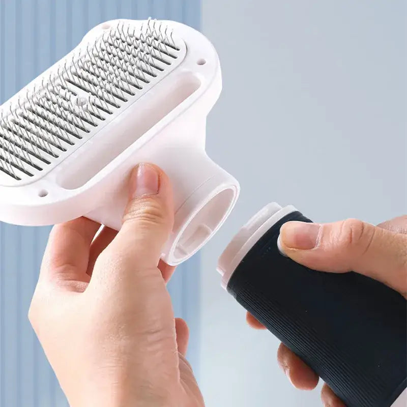 Pet grooming brush with detachable hair collection compartment.