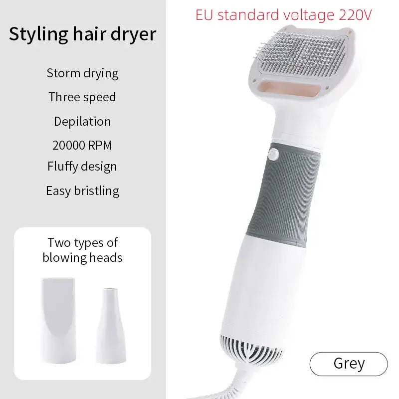 Sleek handheld hair dryer with multiple features and interchangeable blowing heads.