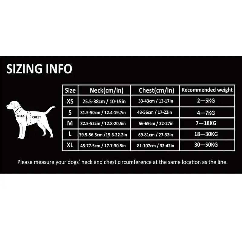 Sizing chart for dog clothing or accessories showing measurements and weight recommendations for different sizes.