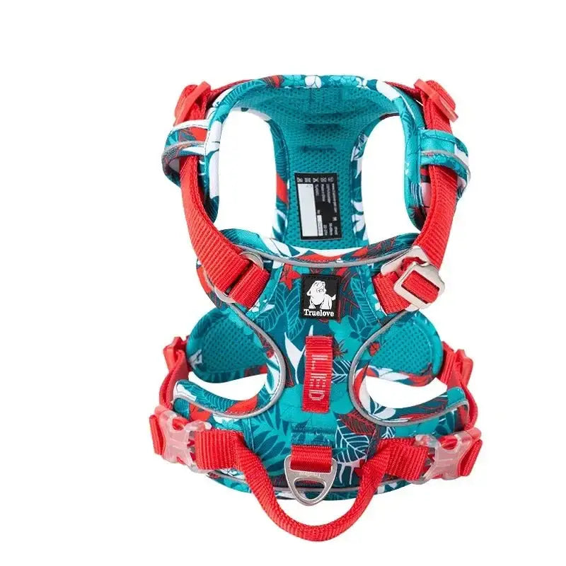 Dog harness with teal fabric and red straps.