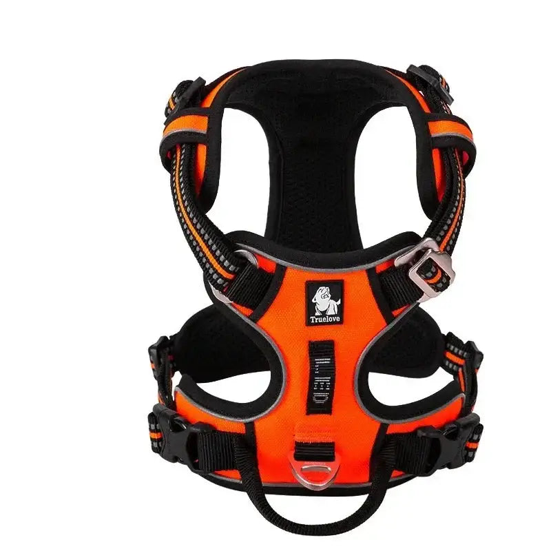 Orange and black padded dog harness with adjustable straps and metal clips.