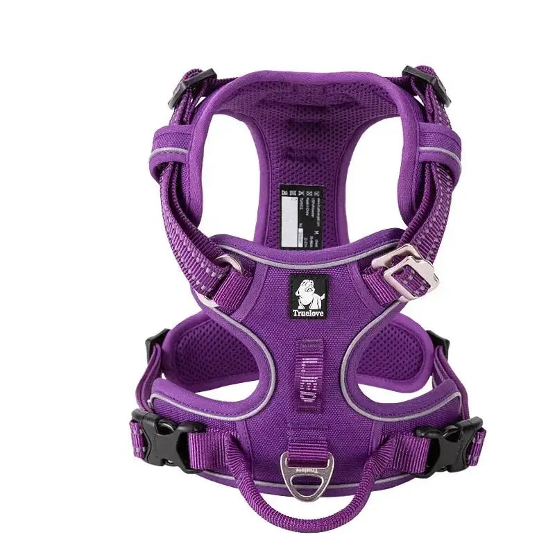 Purple dog harness with adjustable straps and metal buckles.