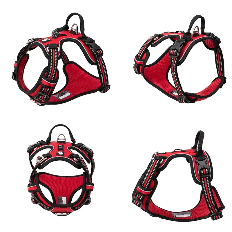 Red and black adjustable dog harness shown from multiple angles.