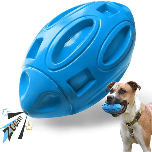 Blue oval-shaped rubber dog toy with geometric patterns and holes.