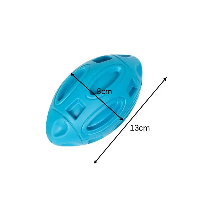 Blue plastic rugby ball-shaped dog toy with measurements indicated.