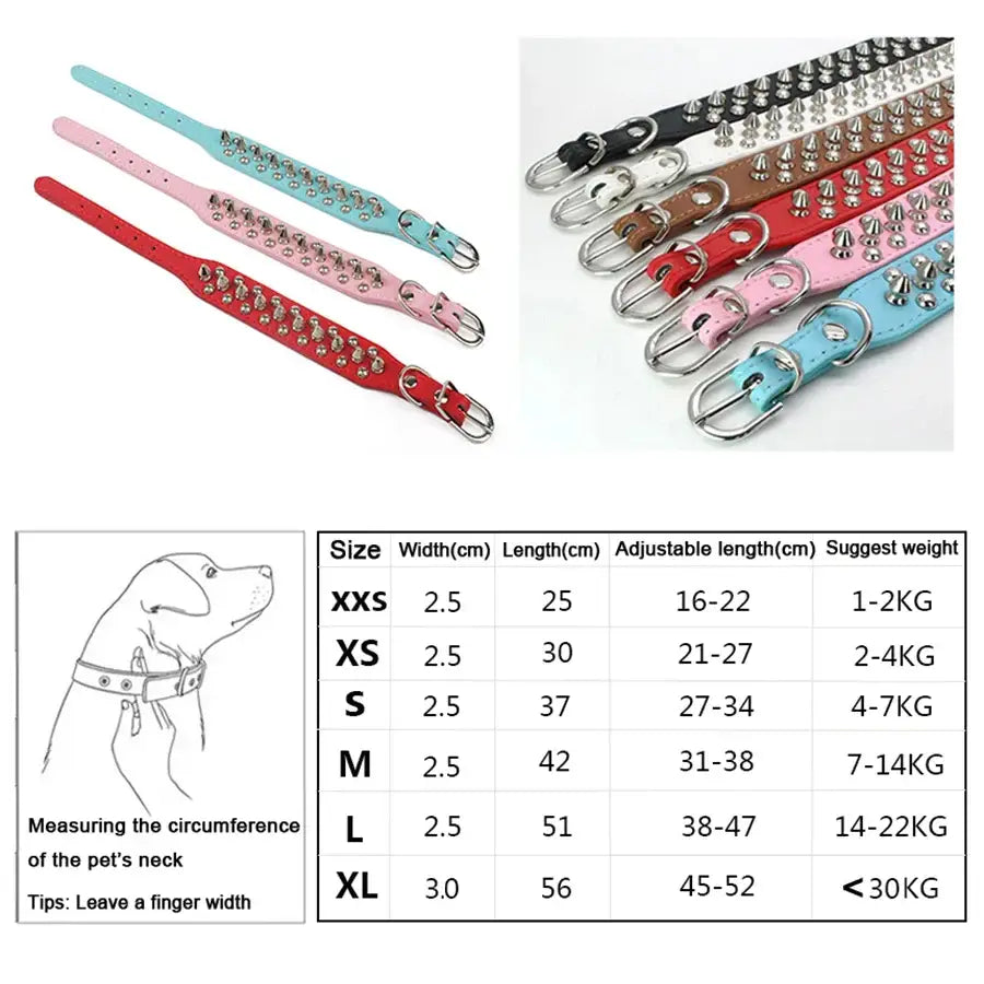 Colorful pet collars with metal studs and sizing chart.