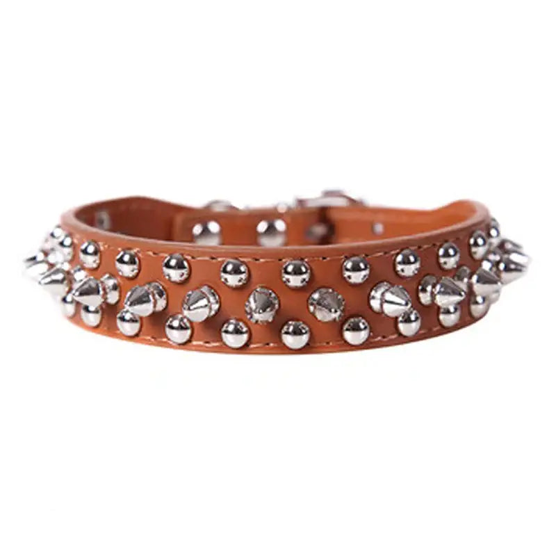 Spiked leather dog collar with metal studs.