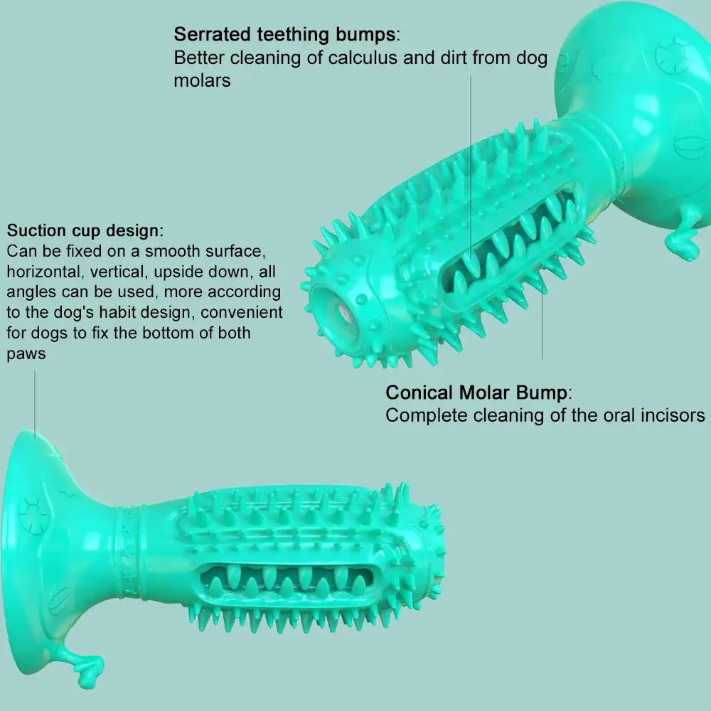 Teal-colored dog chew toy with textured surfaces and suction cup base.