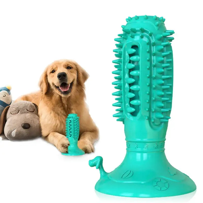 Teal-colored dog chew toy with textured bristles and a suction cup base.