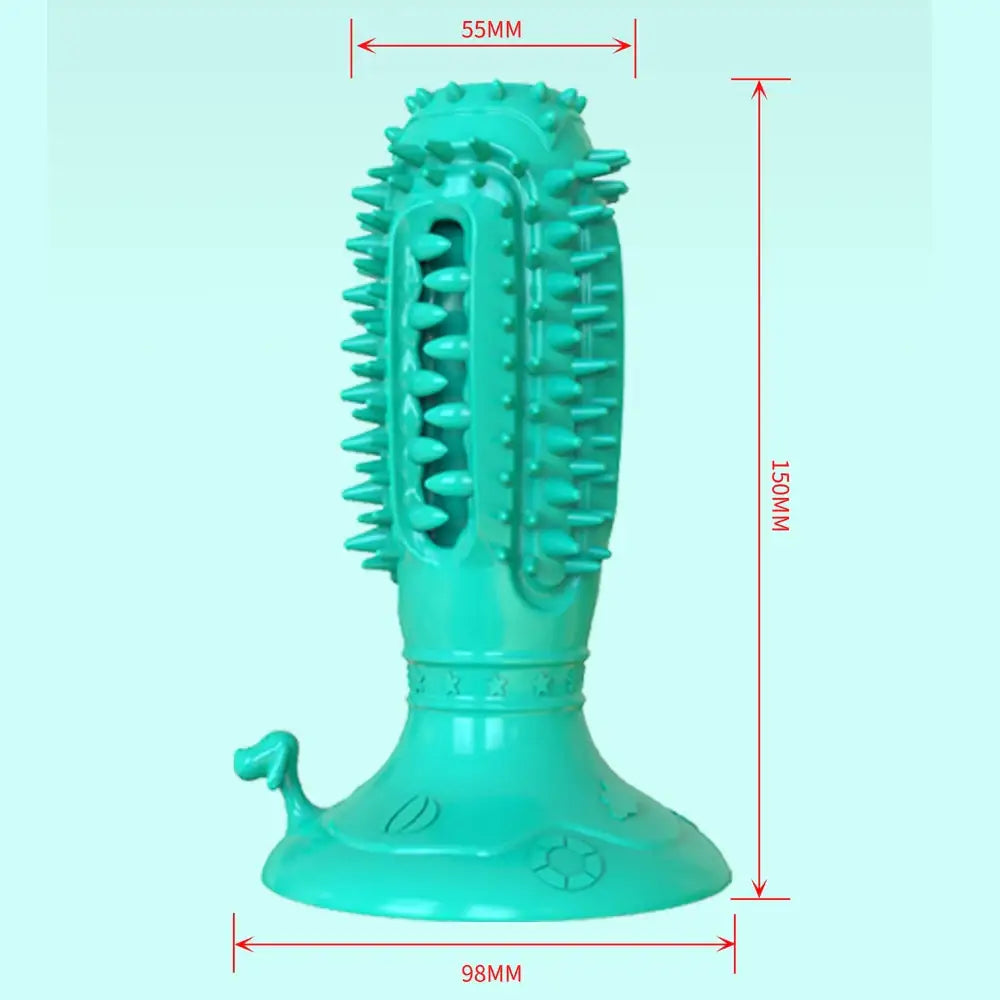 Teal-colored, spiky, textured sex toy with a suction cup base.