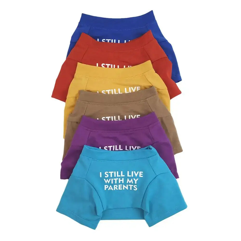 Colorful underwear with humorous text saying ’I STILL LIVE WITH MY PARENTS’.