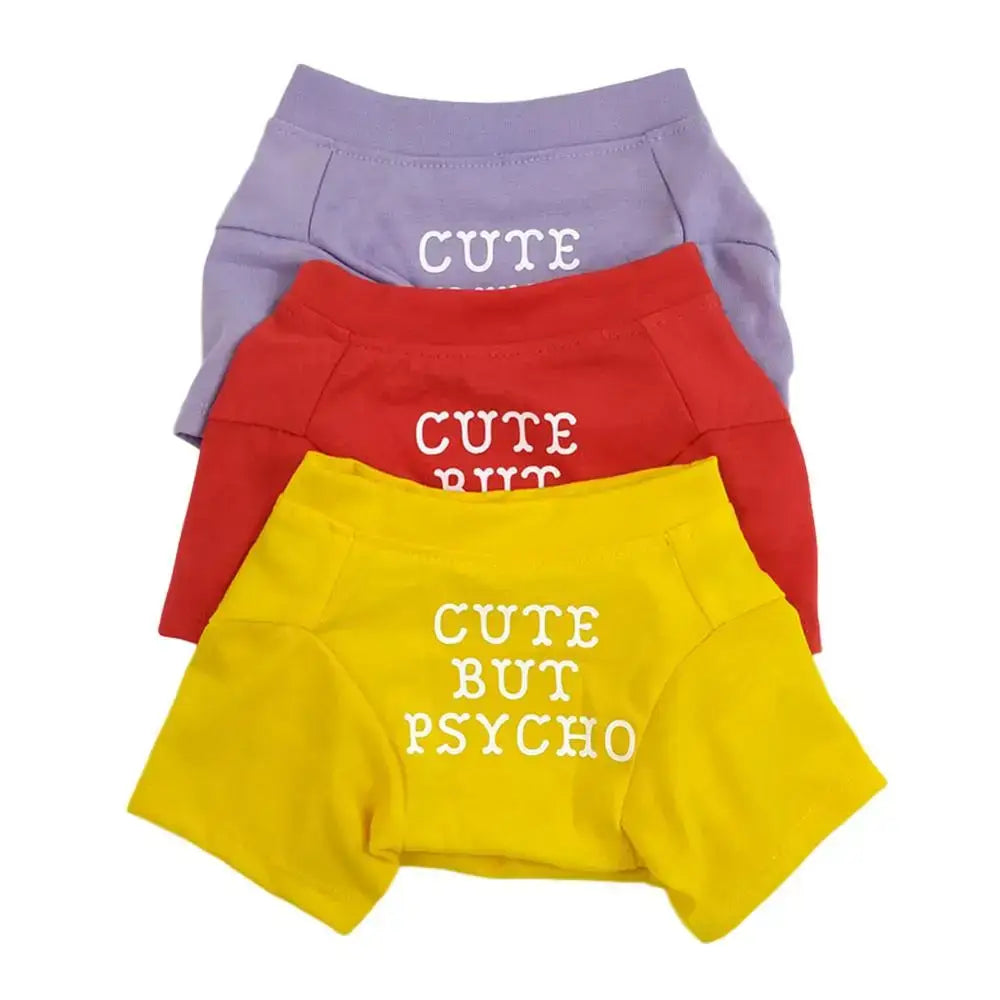 Three colorful pairs of underwear with humorous text printed on them.