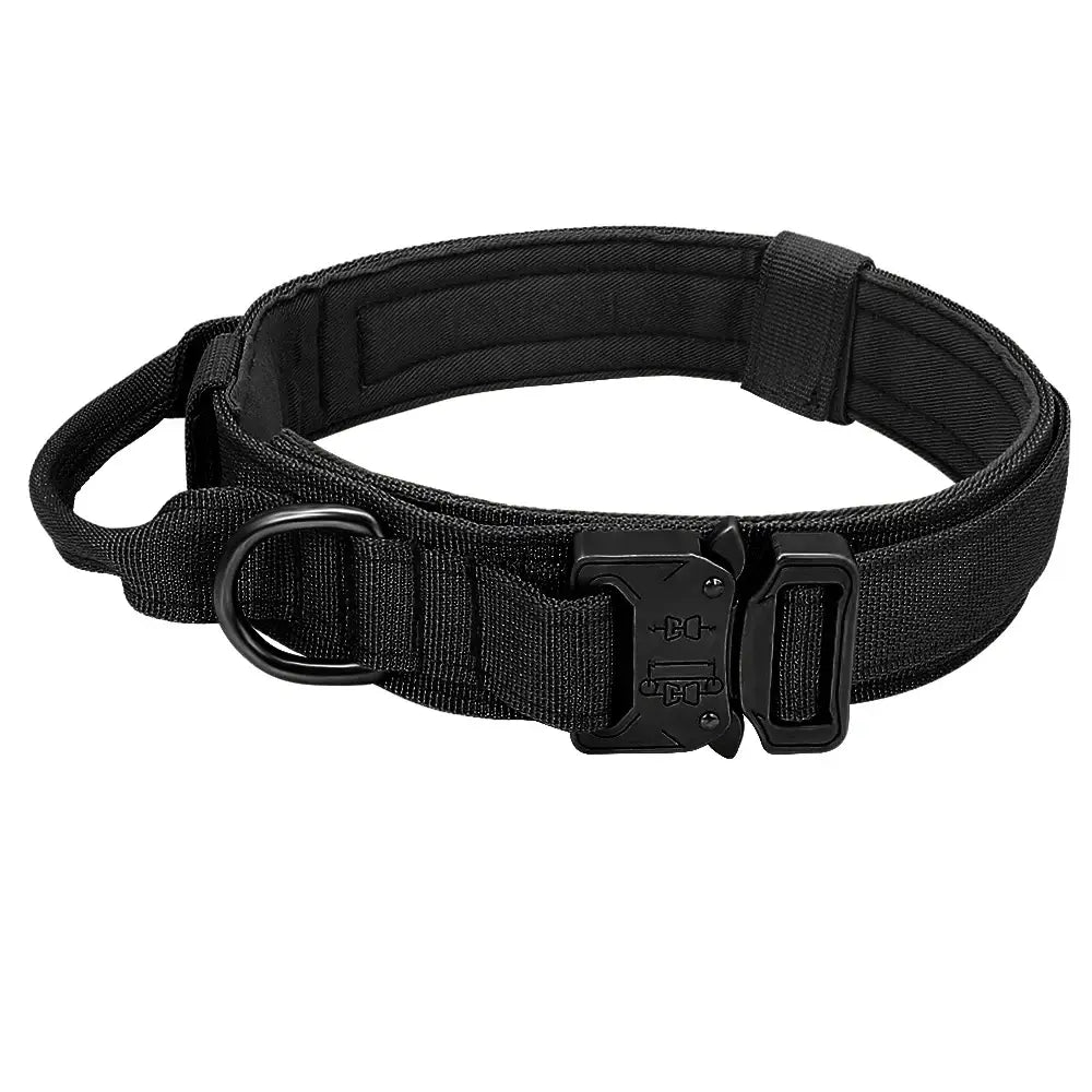 Black tactical dog collar with quick-release buckle and D-ring.