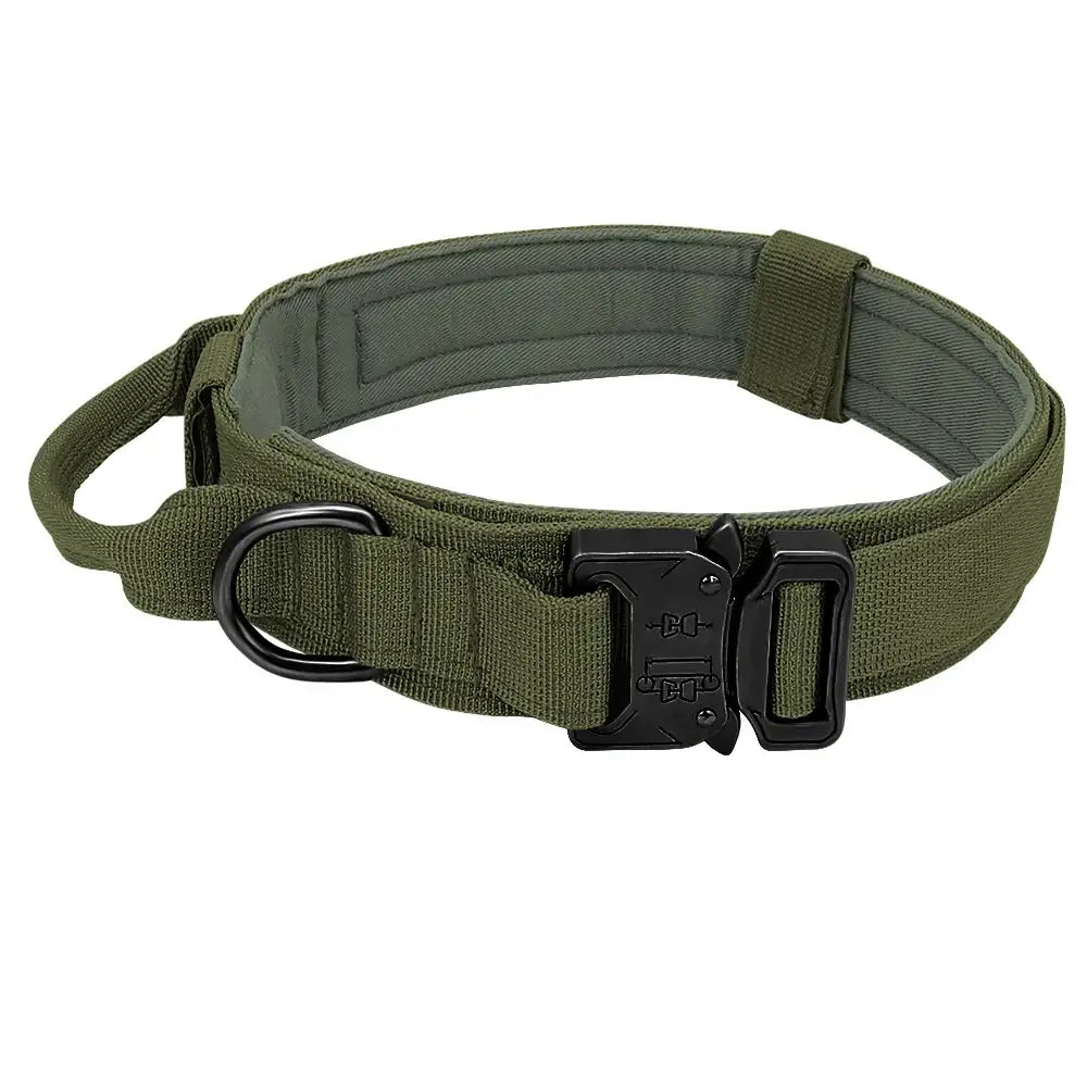 Military-style tactical dog collar in olive green with a quick-release buckle.