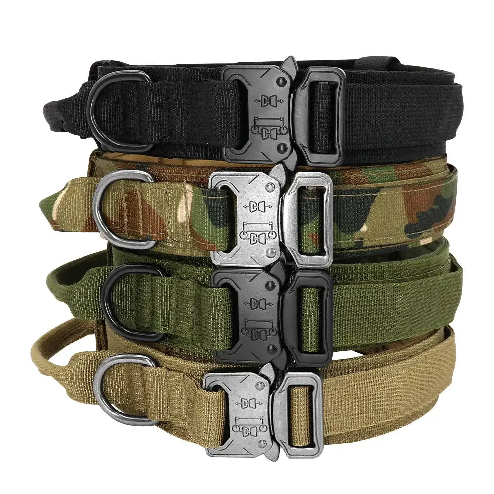 Stack of tactical dog collars in various colors with metal buckles.