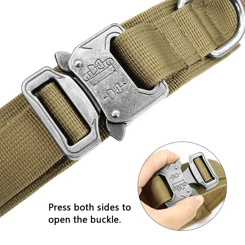 Tactical belt buckle with quick-release mechanism and olive green webbing.