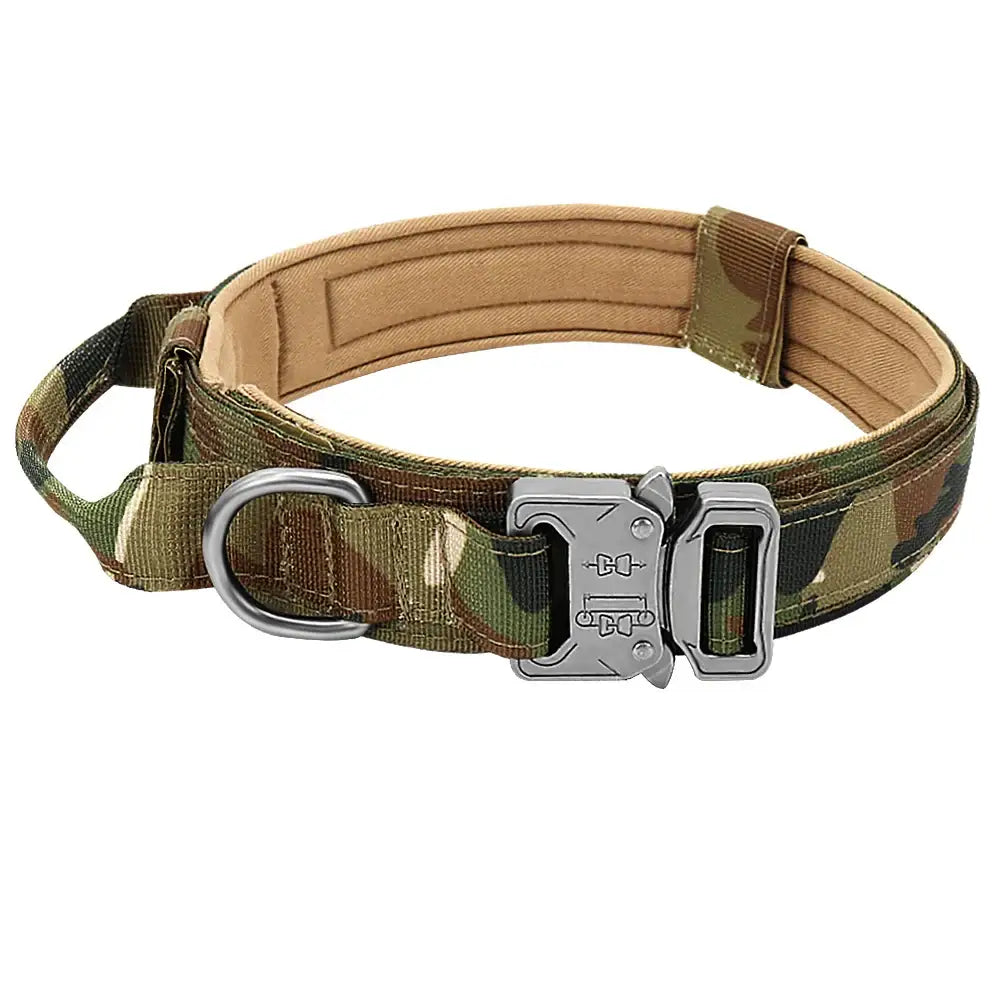 Tactical dog collar with camouflage pattern and metal buckle.