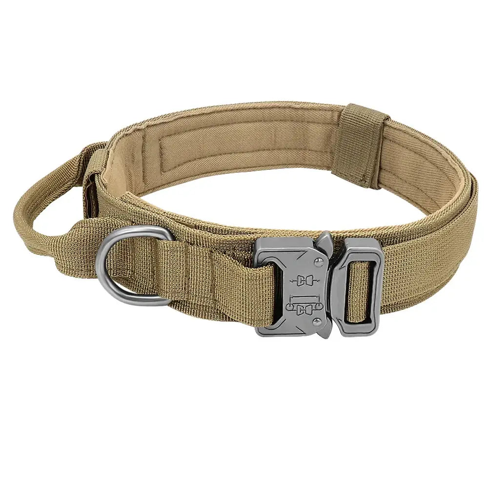 Tactical dog collar with padded interior and metal quick-release buckle.