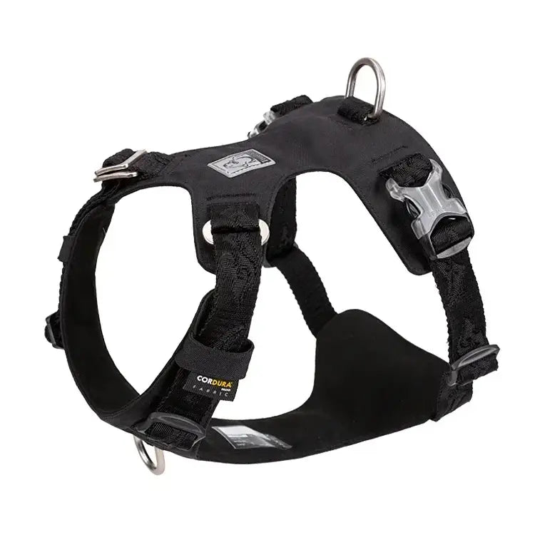 Black dog harness with adjustable straps and metal hardware.