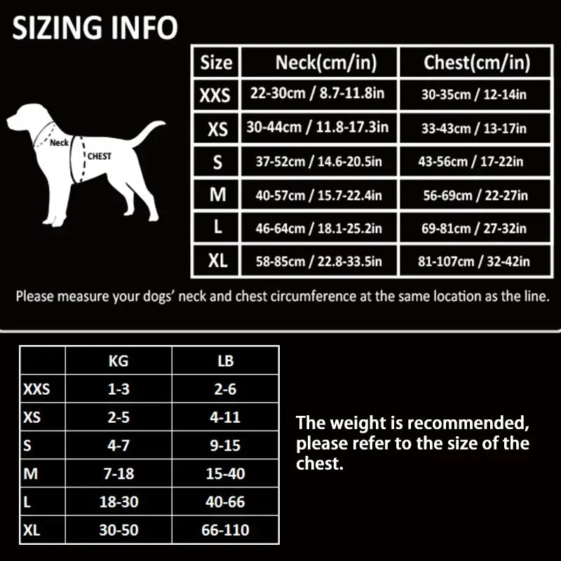 Sizing chart for dog clothing or accessories with measurements and weight guidelines.