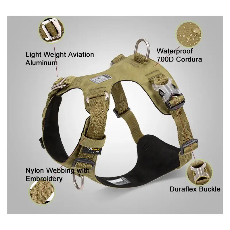 Dog harness with labeled features highlighting its materials and components.