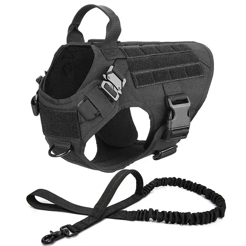 Tactical dog harness with attached bungee leash.