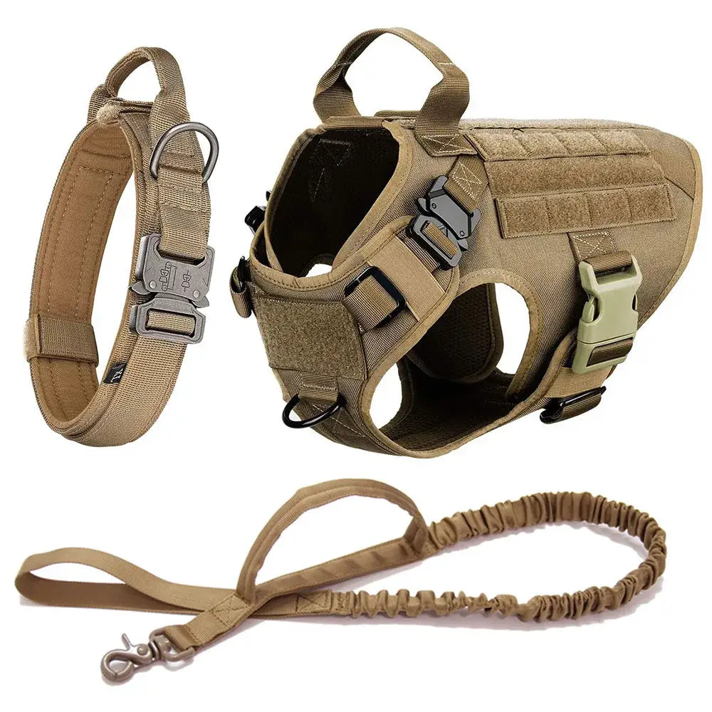 Tactical dog harness with matching collar and leash in tan/khaki color.