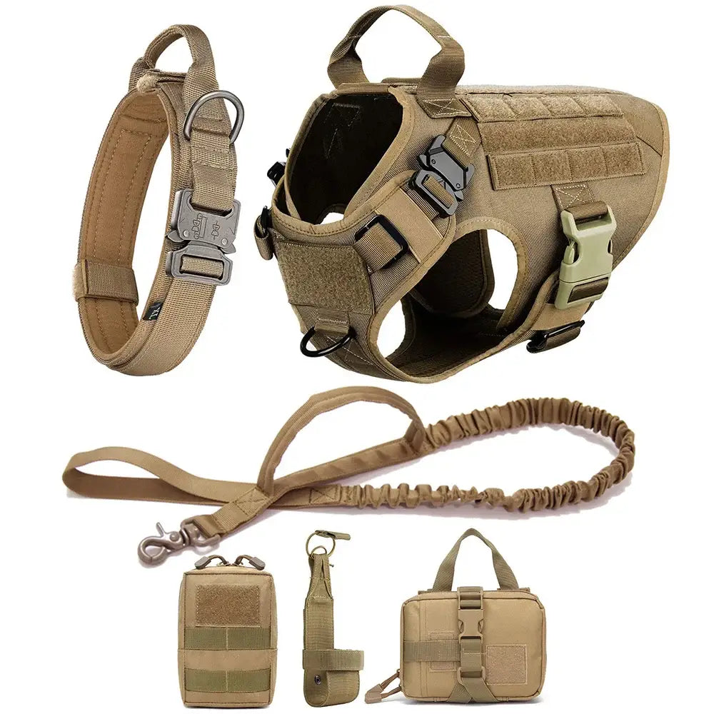 Tactical dog harness with matching collar, leash, and accessory pouches in tan/khaki color.