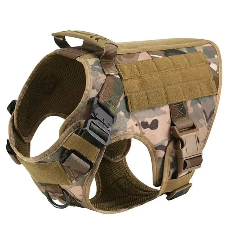 Tactical military-style dog harness with camouflage pattern and MOLLE webbing.