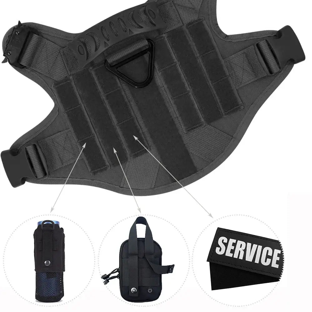 Tactical vest or harness with attached pouches and accessories.