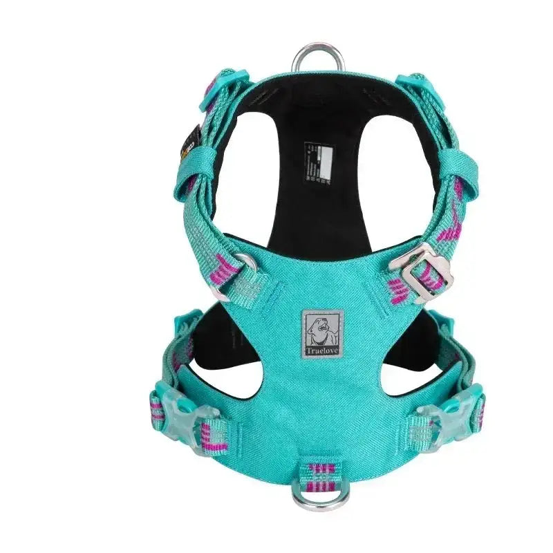 Teal and black dog harness with pink accents and adjustable straps.